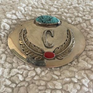 Sterling silver Belt Buckle with Turquoise and Coral Accents